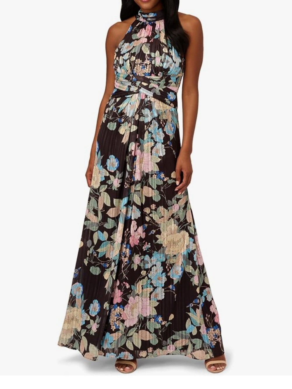 Adrianna Papell Black Halter Floral Maxi Dress with Pastel Blooms